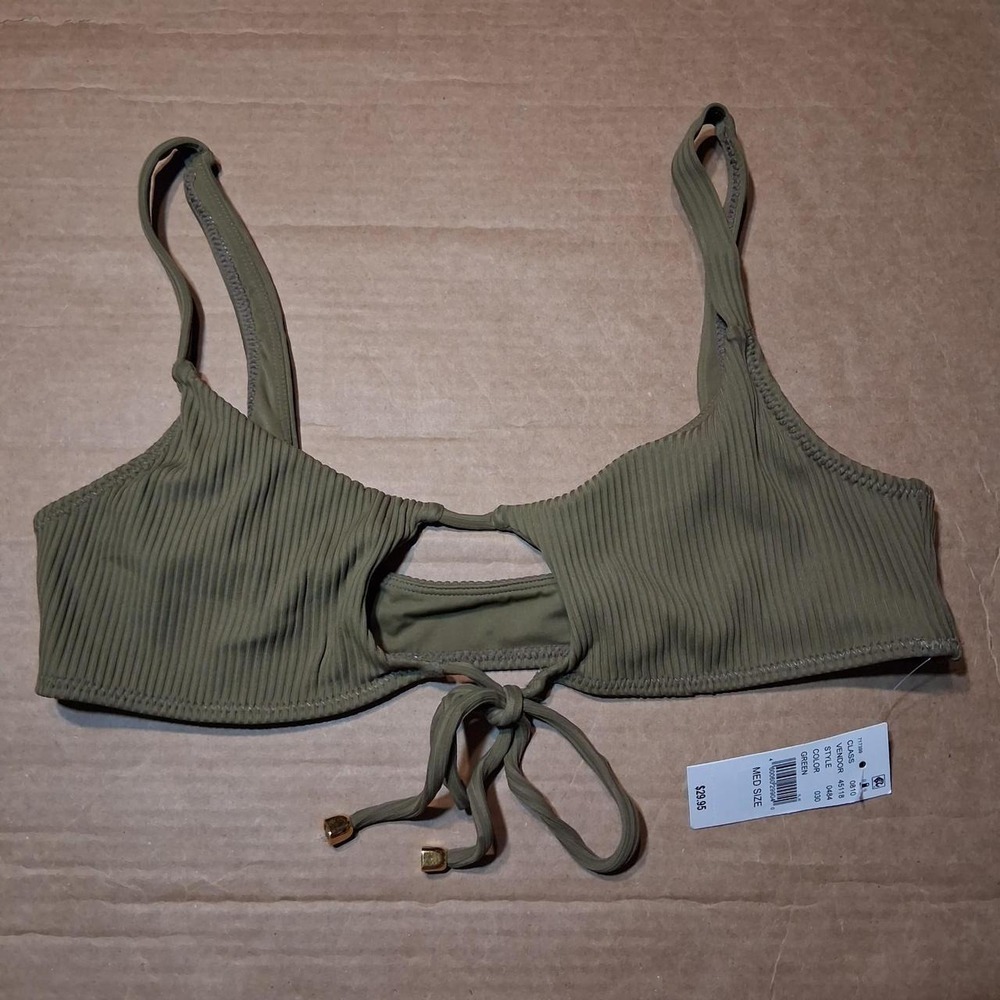Womens Olive green ribbed bikini top with ties and gold detail